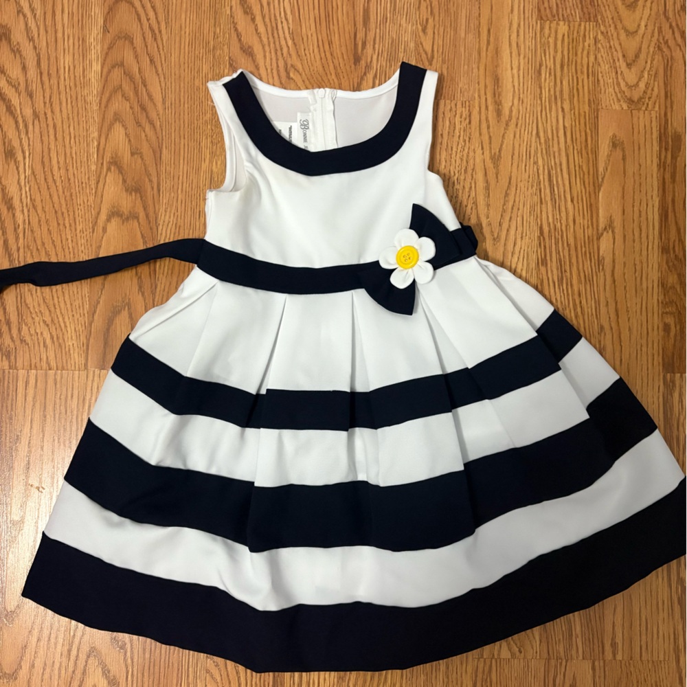 Navy and White Striped Kids Dress with Flower Accent